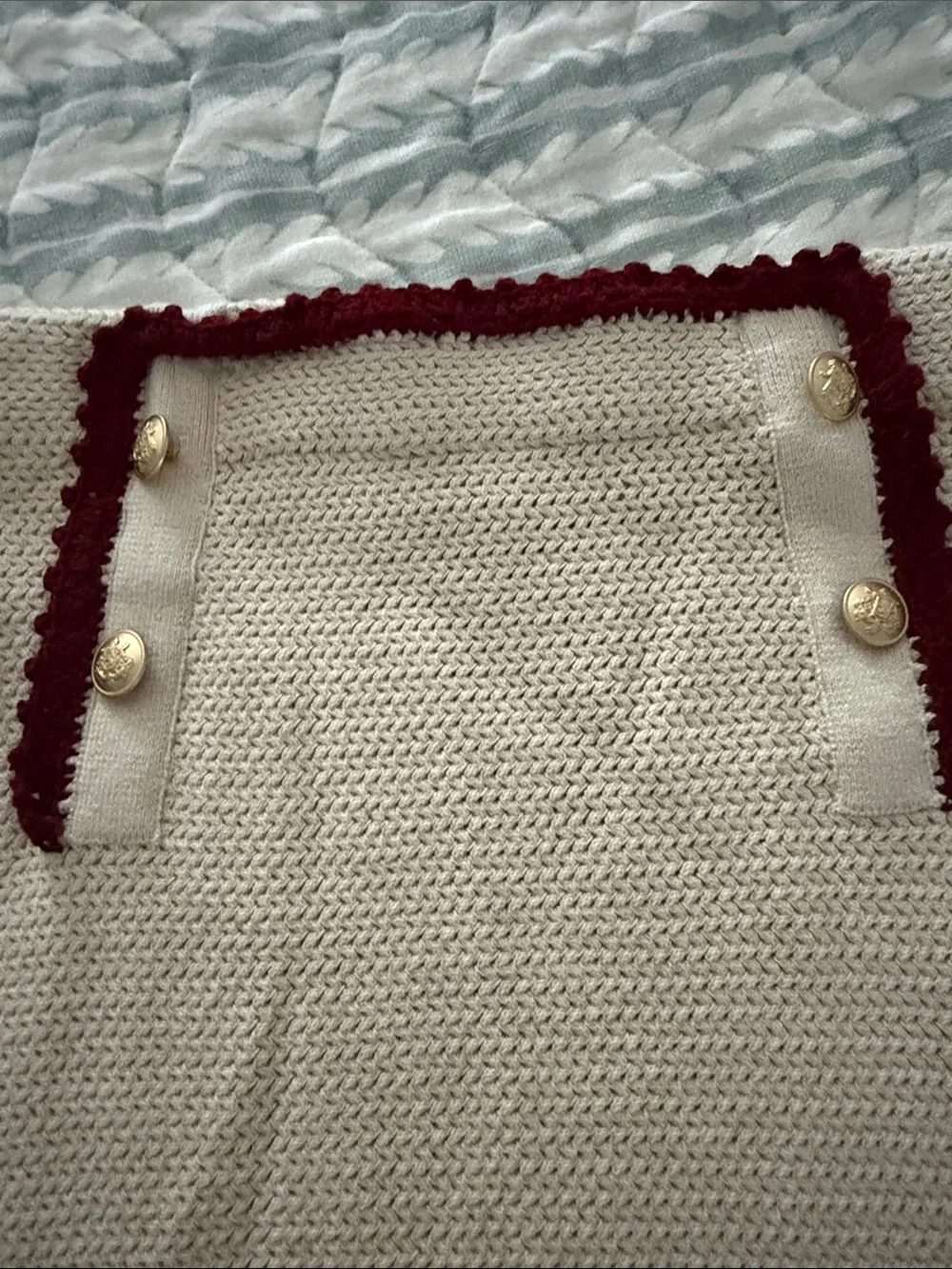 J. Crew Cream Knit Pencil Skirt with Burgundy Trim